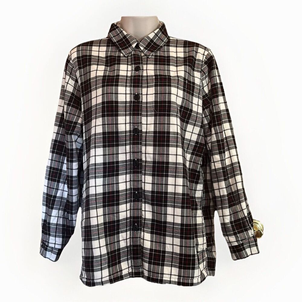 LL Bean Plaid Flannel Fleece Lining Heavyweight Shirt Womens XS Black Outdoor